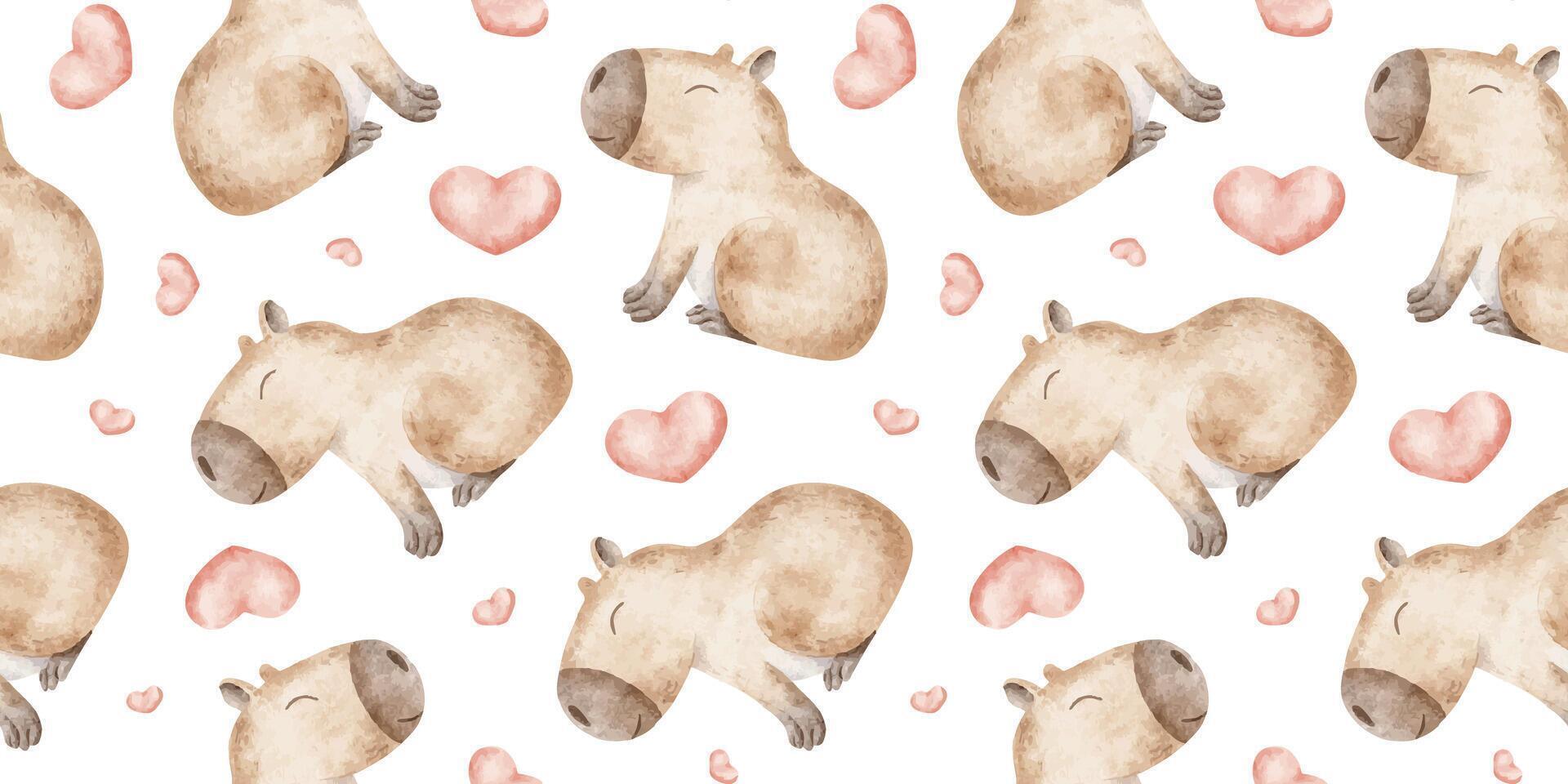Capybaras romantic and red hearts. Valentine's Day background with rodent in love. Hand drawn watercolor seamless surface pattern design of guinea pig for February 14, textile, wrapping paper vector