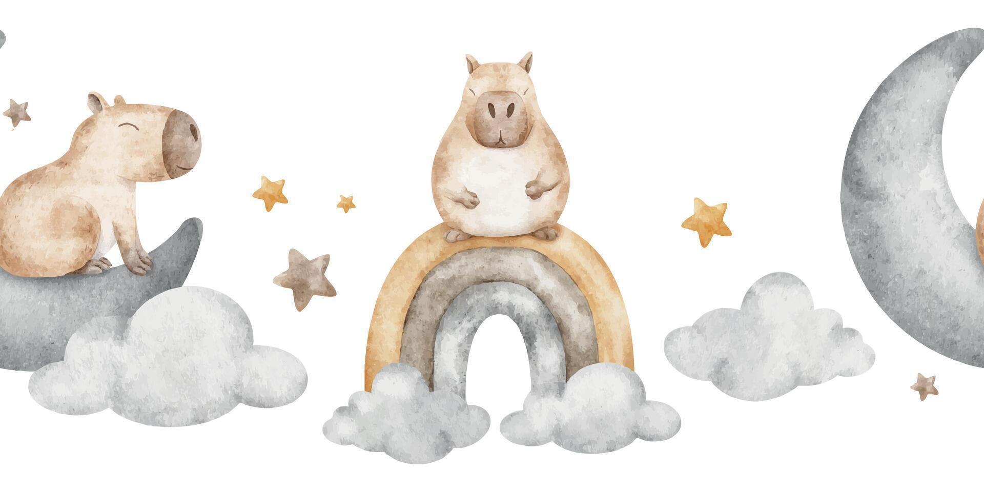 Hand drawn watercolor seamless border dreamy capybaras at sky among clouds and stars. Capybara on rainbow and crescent moon. Horizontal background for wallpaper, kids room, baby shower vector