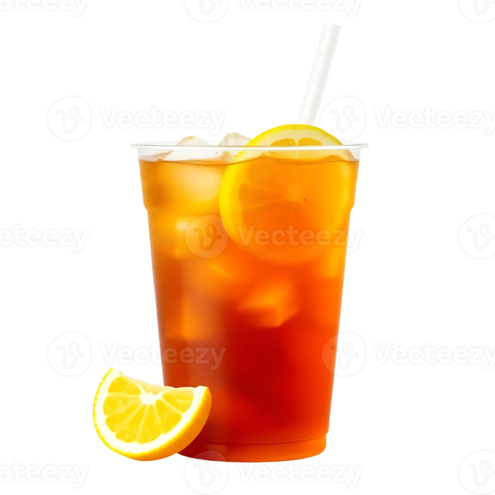 A glass of iced tea with a straw and slice of lemon png