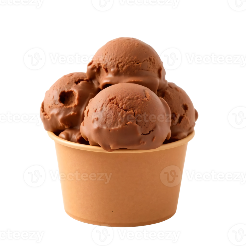 Three scoops of chocolate ice cream in a small bowl png