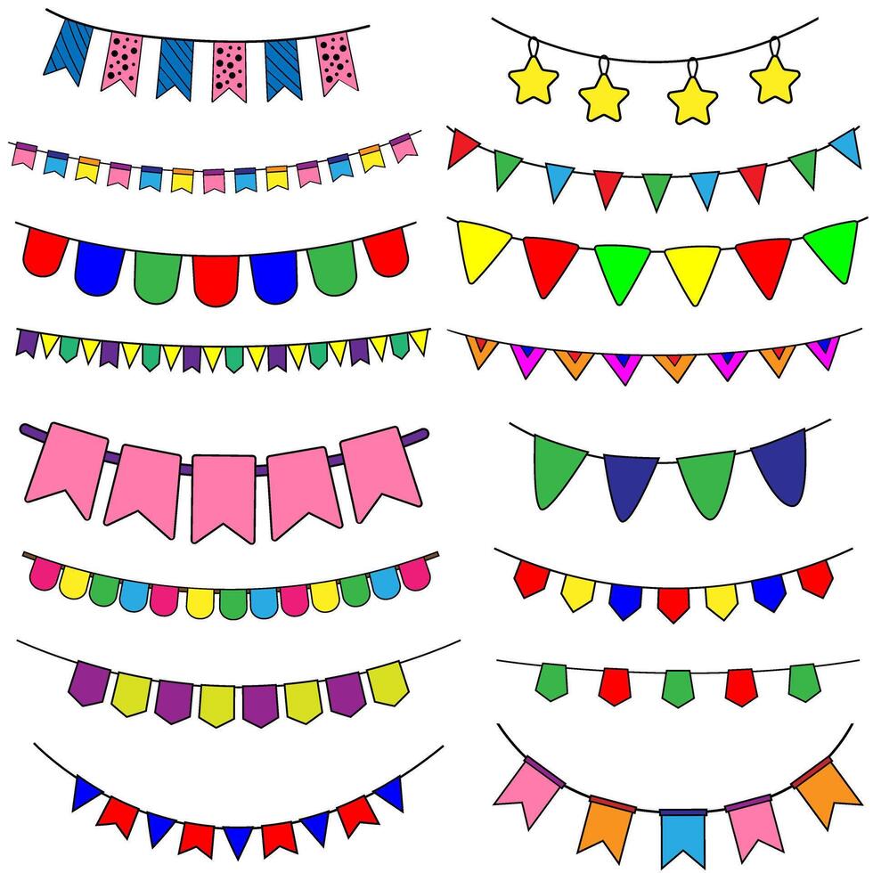 Illustration of a set of bunting flags on a white background. vector