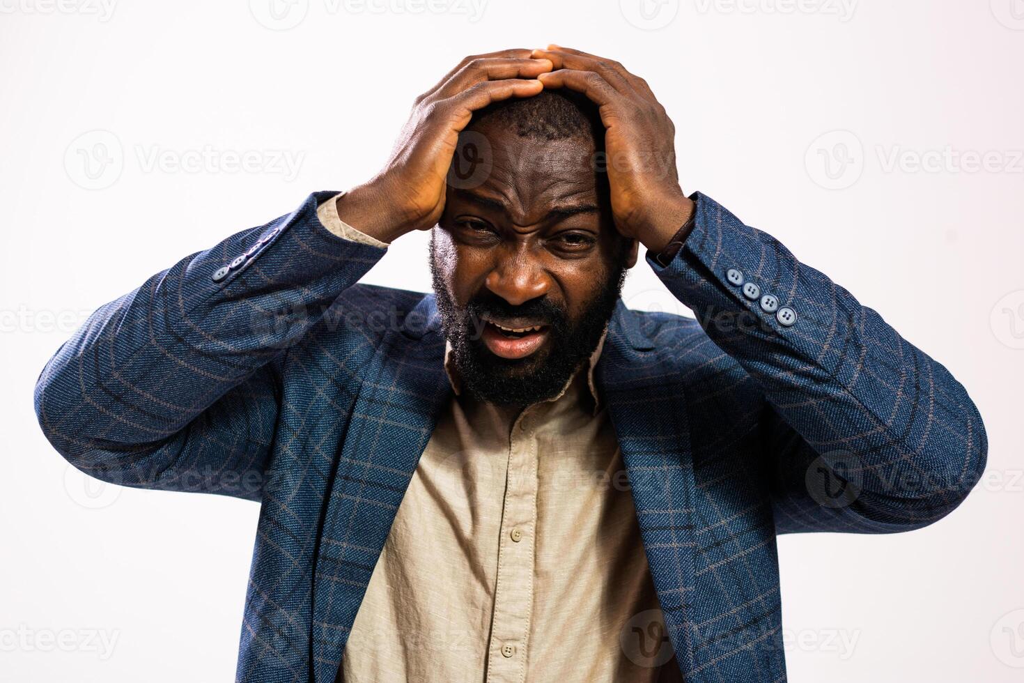 Tired and anxious businessman experiencing mental health struggles in a studio portrait. photo