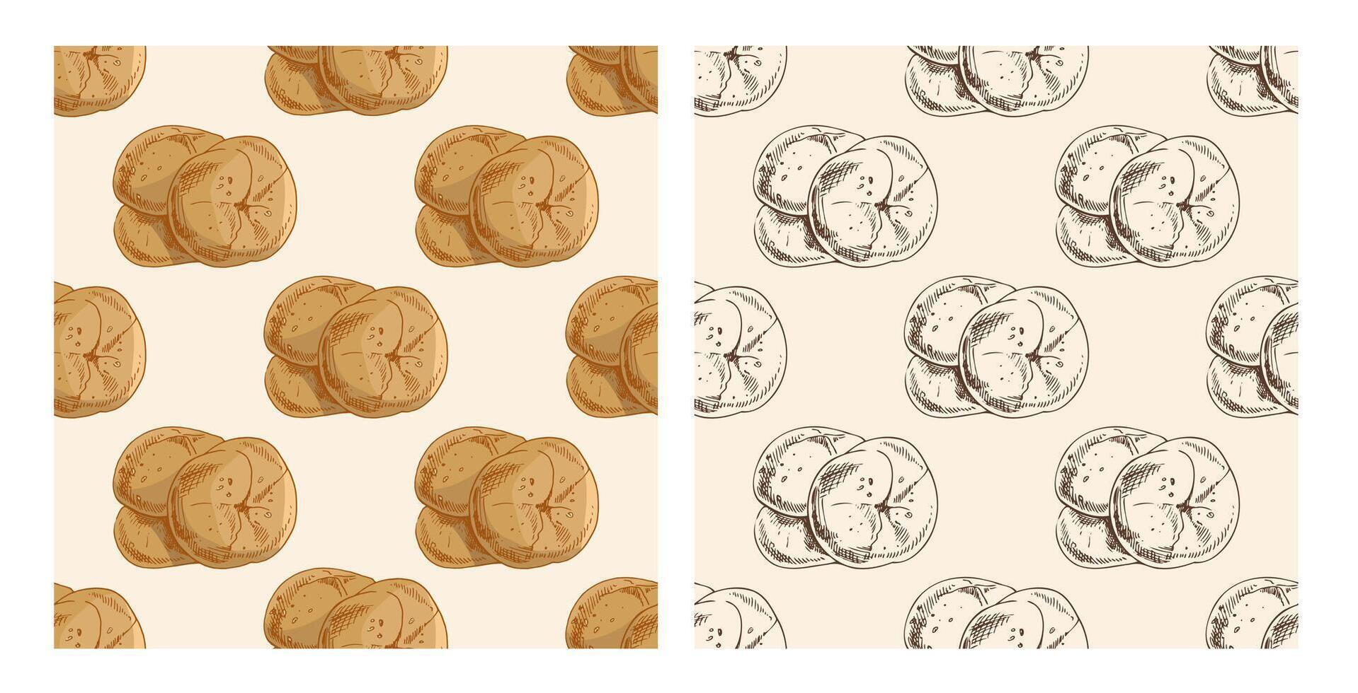 Hand-drawn seamless pattern of bread rolls in engraving sketch style, color and monochrome version vector