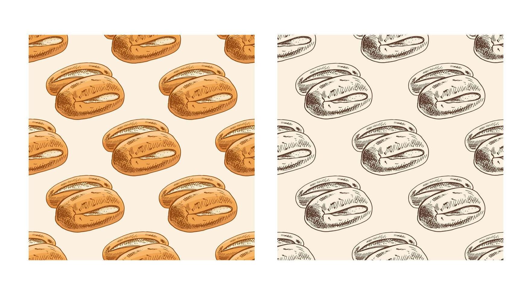 Hand drawn seamless pattern of bread rolls with crusty tops in color ink engraving style vector