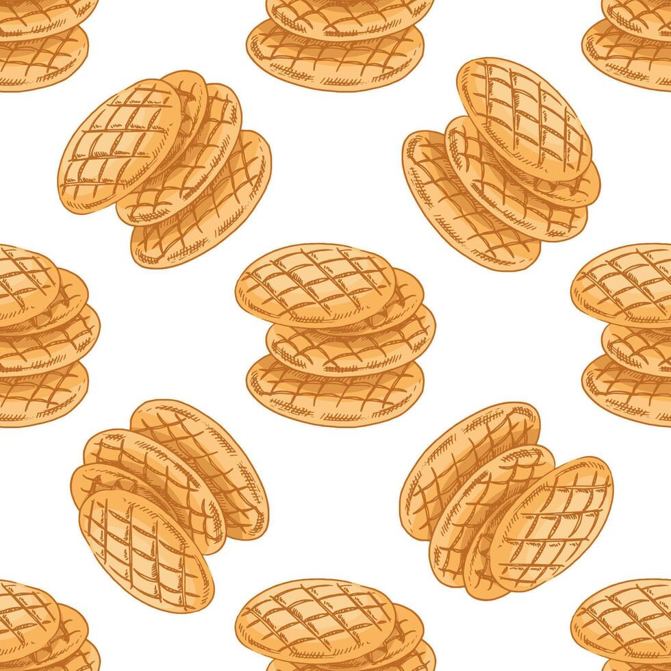 Hand drawn vintage seamless pattern of stacked round flatbreads in sketch engraving style, color and monochrome version vector
