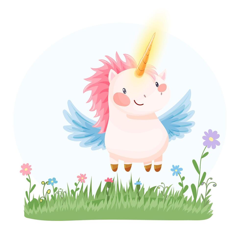 Flying unicorn with pink mane and glowing horn vector