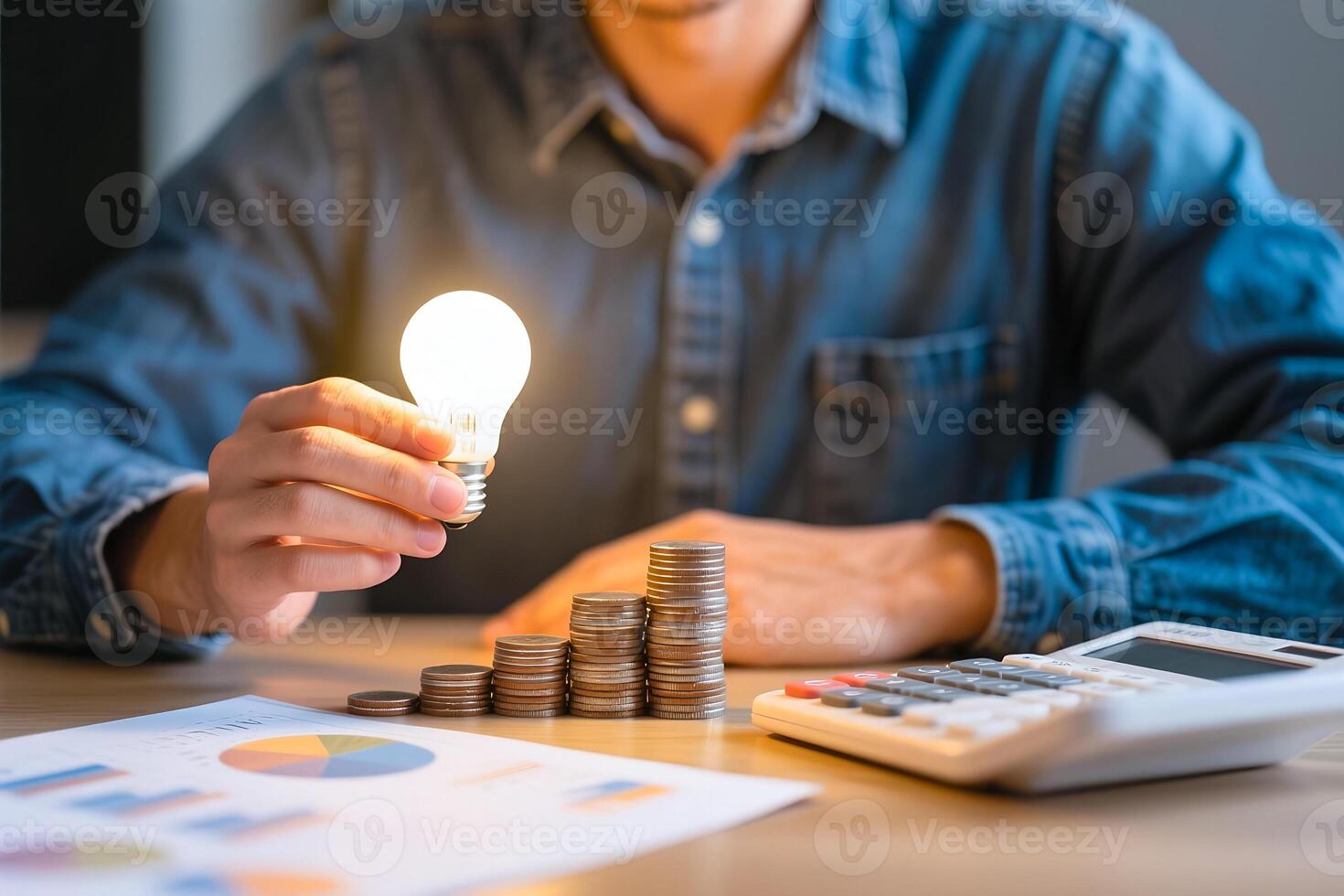 Man holds a light bulb over stacks of coins and a calculator, represents ideas, finance, and investment. photo