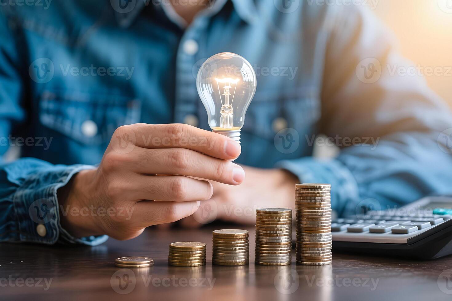 Man holds a light bulb glowing over stacks of coins and a calculator, represents ideas, finance, and investment. photo