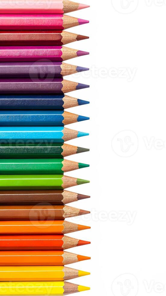 colored pencils Set, A row of colorful pencils vertically arranged in a Spectrum gradient from. photo