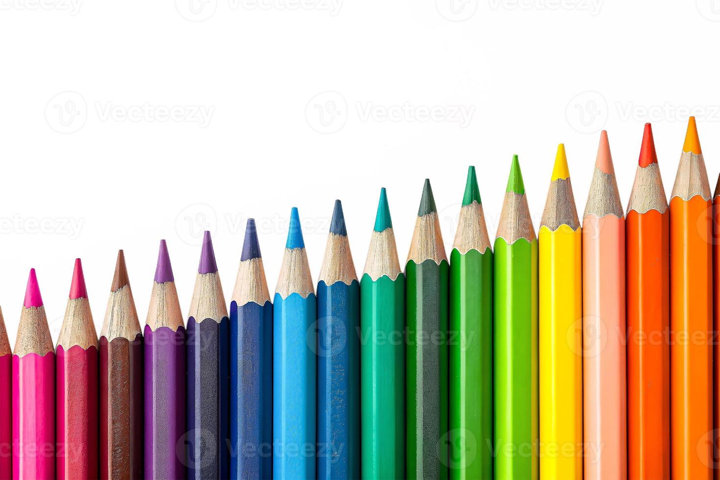 colored pencils Set, A row of colorful pencils arranged in a Spectrum gradient from. photo