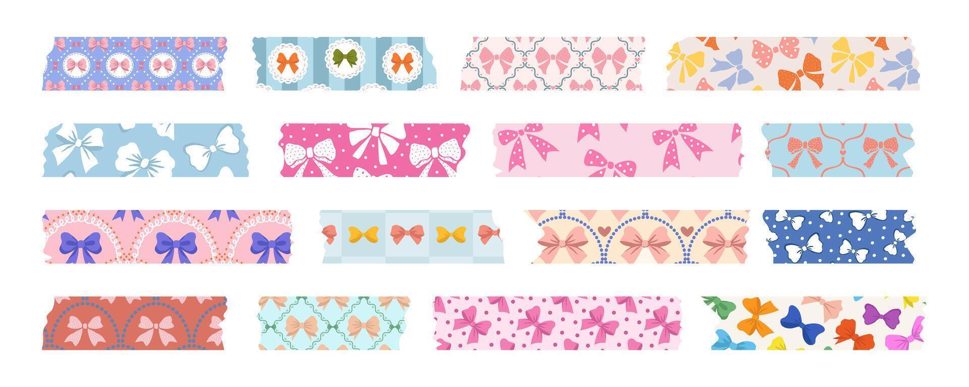 Collection of washi tapes with bows. Colorful strips for scrapbooking, sticky labels and decorative tape. Border elements, paper stickers. vector