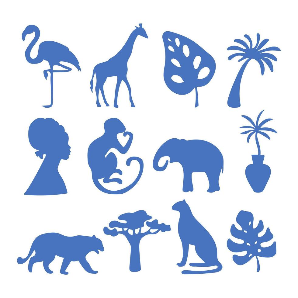 Silhouettes of African animals and tropical plants. vector