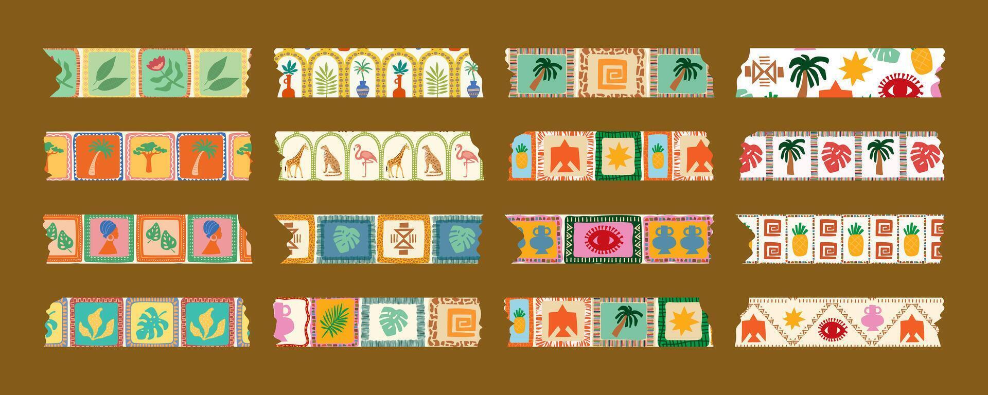 Collection of washi tape designs. Sticker, decoration, label, ribbon. African style scrapbooking element. vector