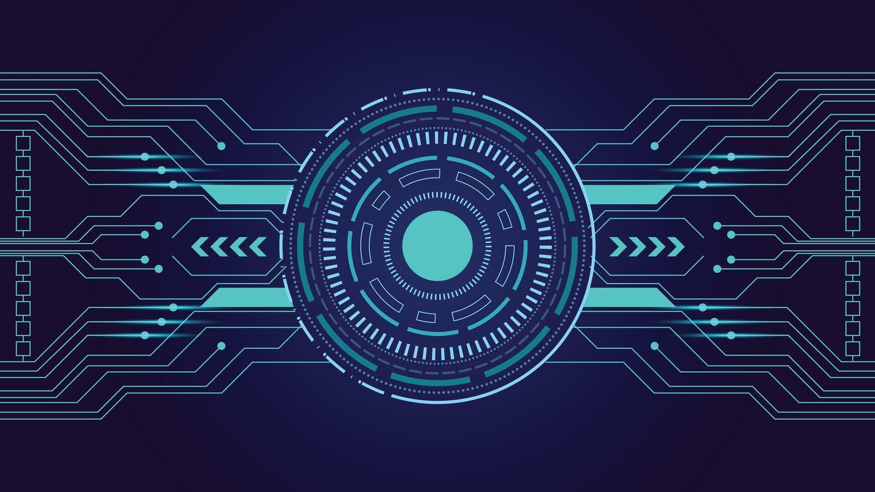 Abstract futuristic technology background featuring a glowing circular HUD interface and horizontal circuit lines. Ideal for digital communication, cybersecurity, and innovation. vector