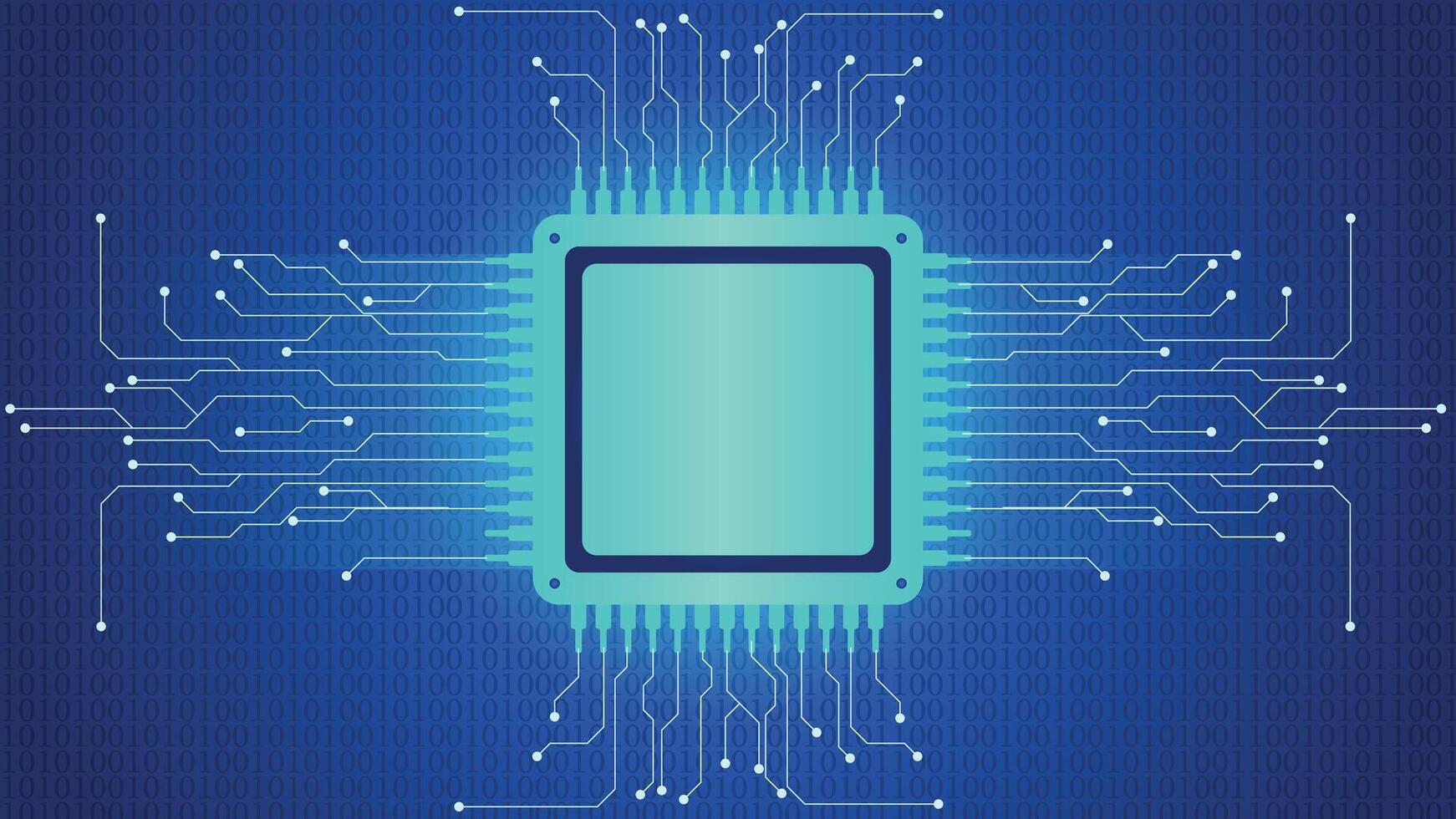 Futuristic digital background featuring a glowing microchip at the center with abstract circuitry lines and binary code overlay. High tech electronics concept for technology themes. vector