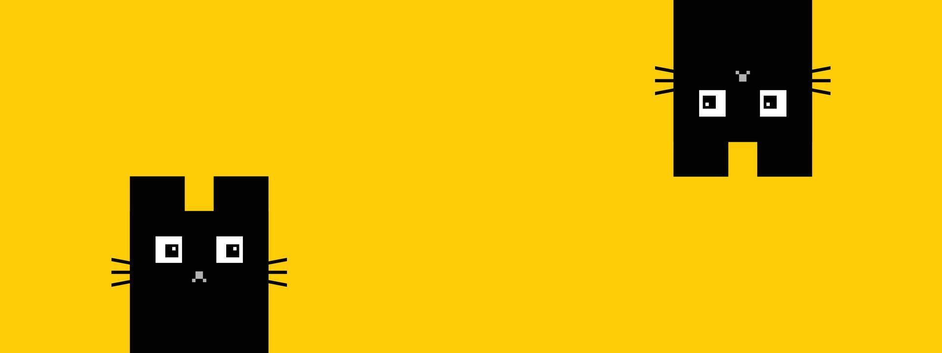 Cute Black Kitten Faces - Funny Halloween Cat Heads Hanging Upside Down on Yellow Background. Kawaii Art vector