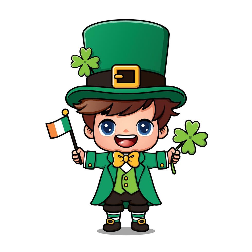 Cute Boy In Saint Patrick Costume Holding Irish Flag And Clover vector