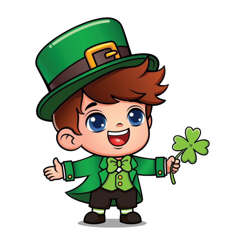 Cute Boy In Saint Patrick Costume Holding A Clover vector
