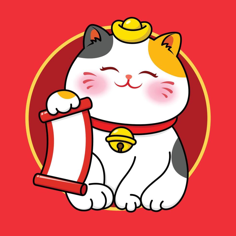 Cute Fortune Cat Holding A Scroll vector