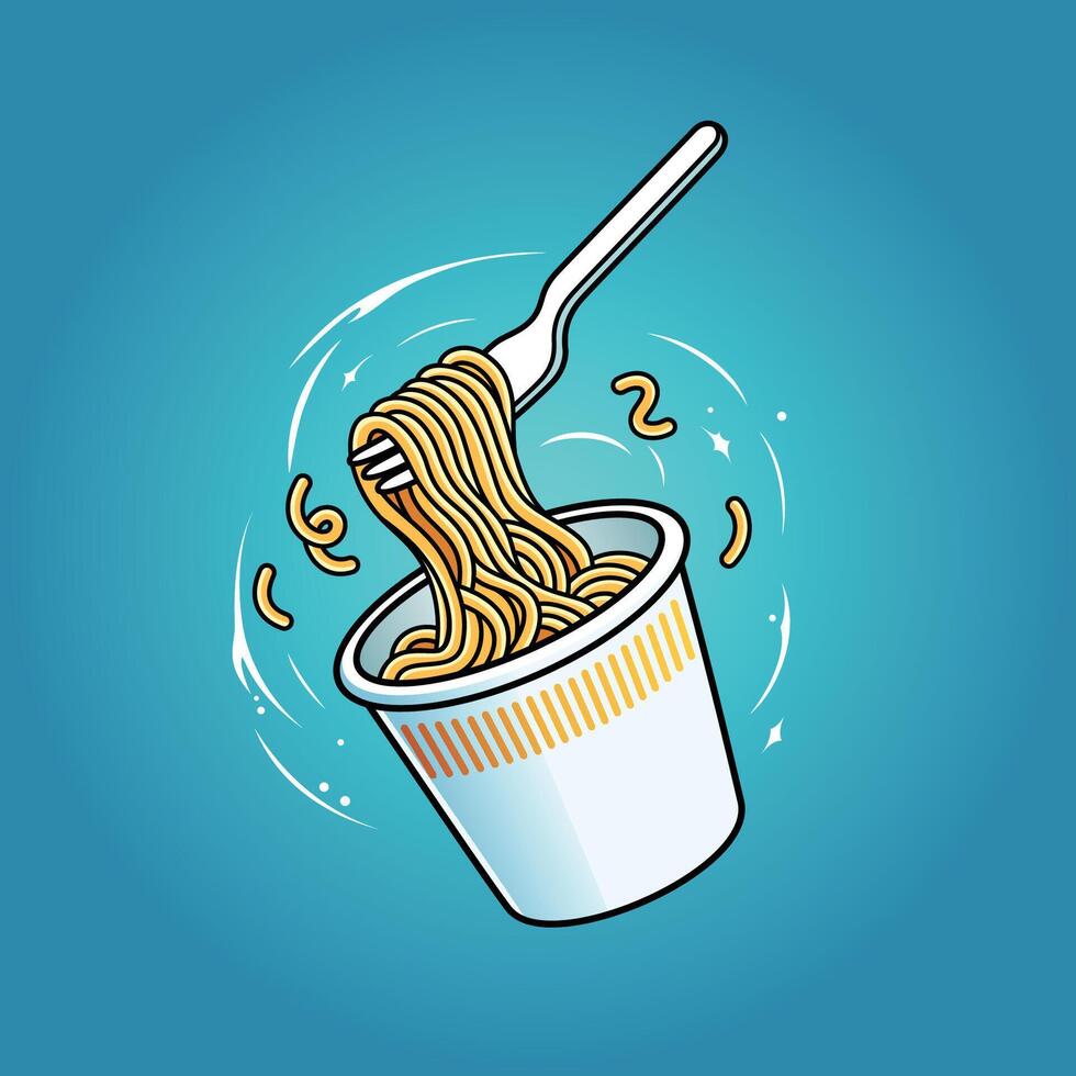 Floating Noodle Cup With Fork Cartoon Illustration vector