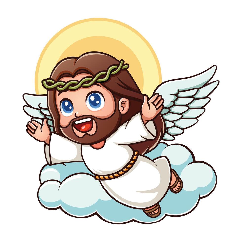 Cute Jesus Christ Cartoon Character Flying With Wings vector