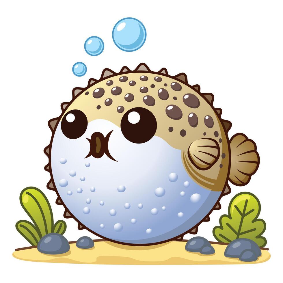 Cute Puffer Fish Cartoon Character Bloating vector