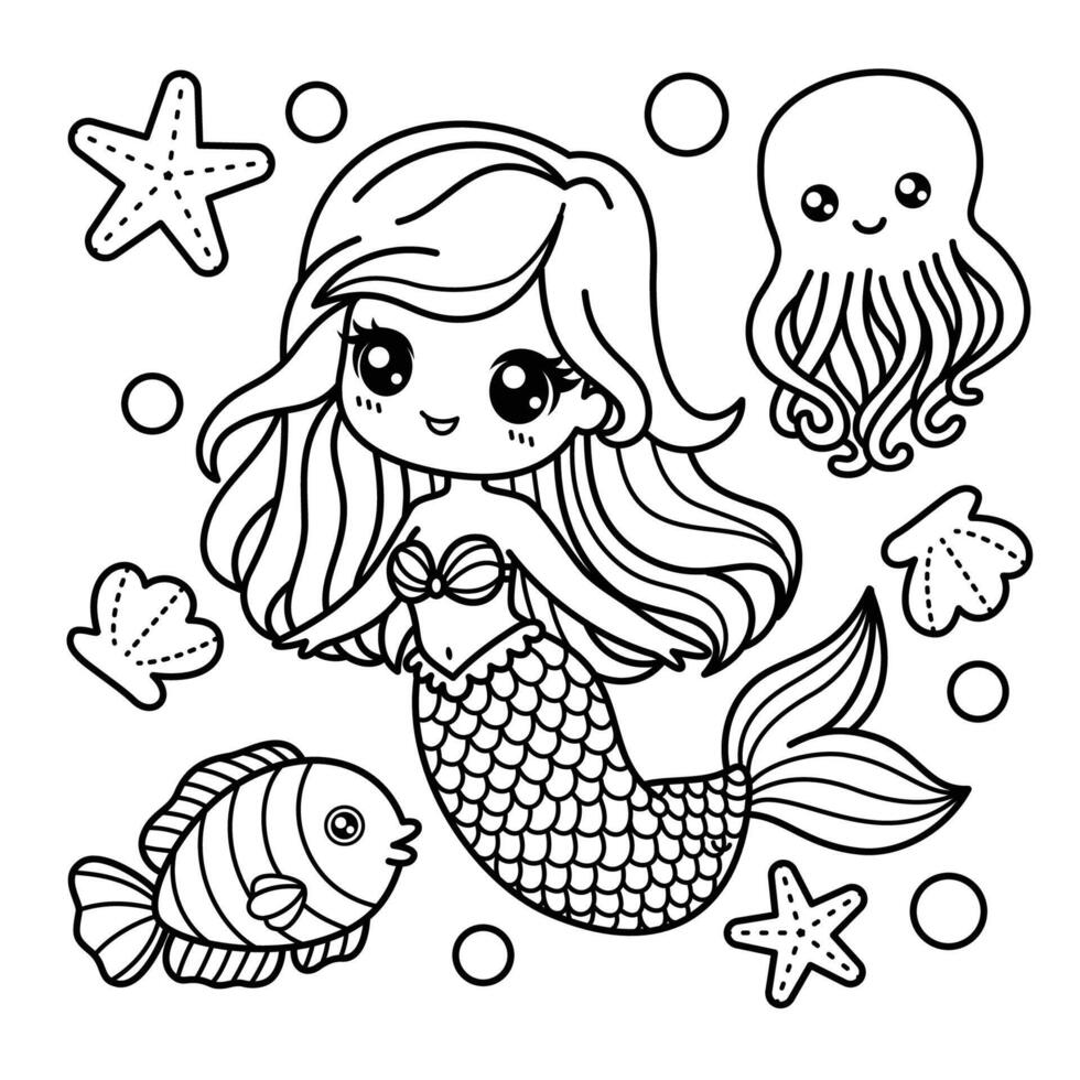 Cute Mermaid And Sea Creature Coloring Page vector