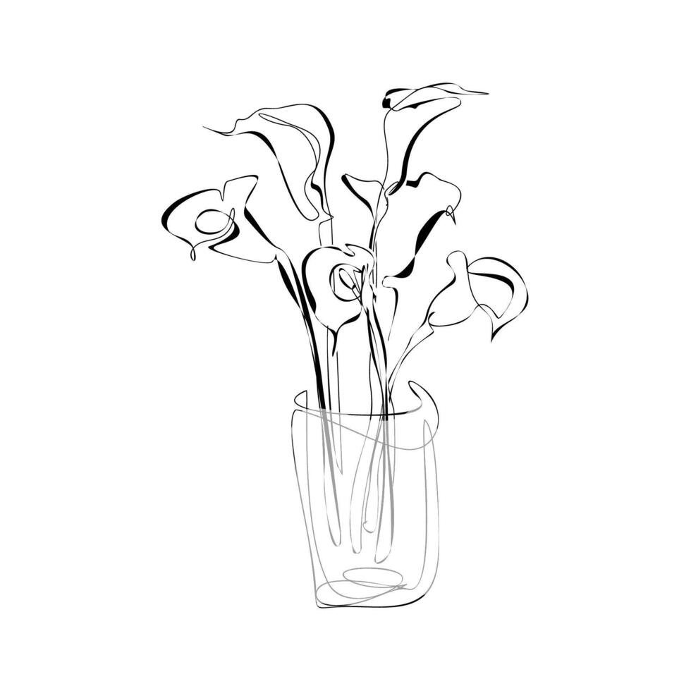 One line calla lily flowers in a glass vase. Trendy botanical elements. Hand drawn line leaves branches and blooming. vector