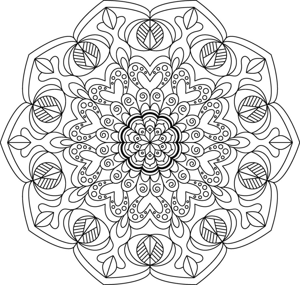 Intricate Mandala Design Featuring Heart, Floral, and Leaf Motifs. Perfect for adult coloring pages, meditation art, decorative design projects, and printable wall art vector