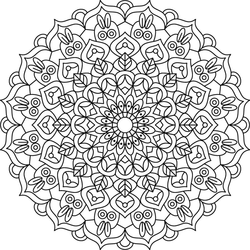 Intricate, symmetrical mandala illustration for coloring pages, meditation, and decorative use. Features complex floral and geometric patterns, ideal for stress relief and creative projects vector