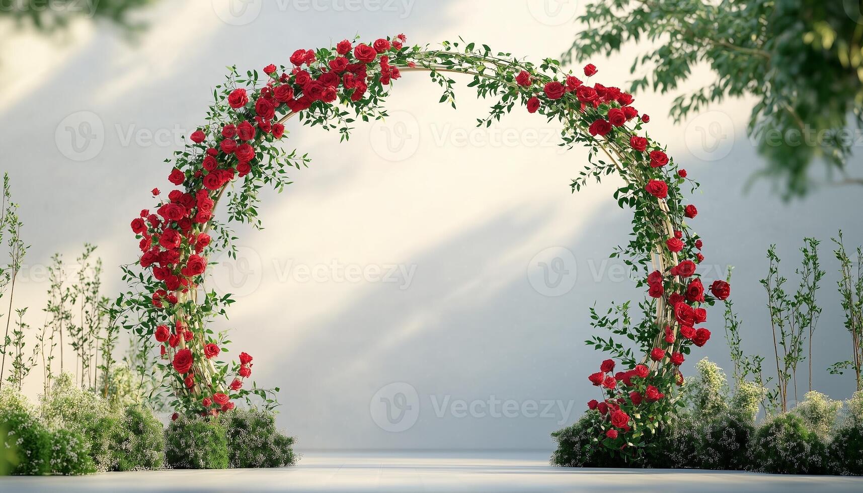 Wedding arch circle red rose romantic gate decoration pathway photo