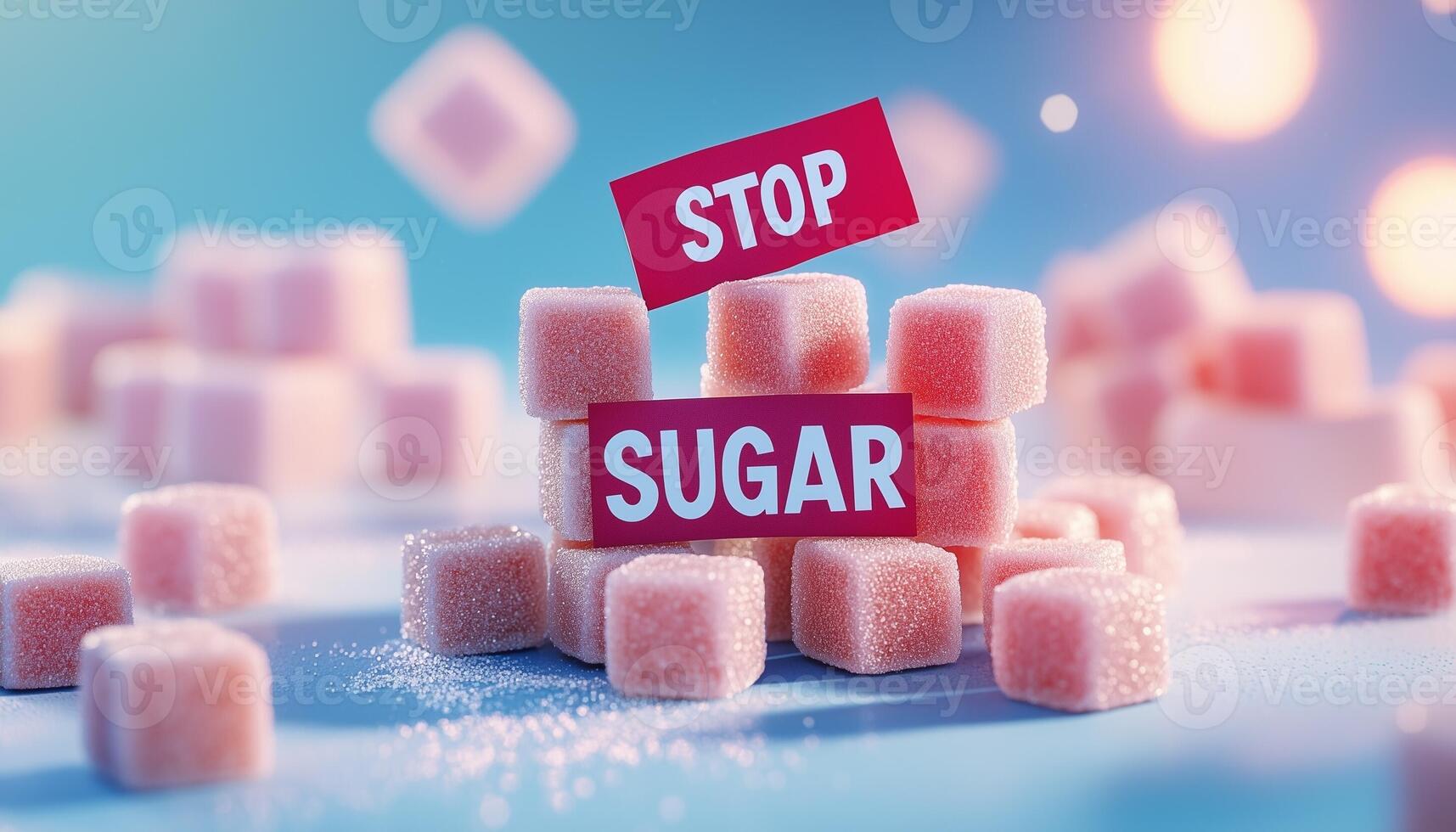 White suugar cube pile stack with text stop sugar for sweetener on drink or baking photo