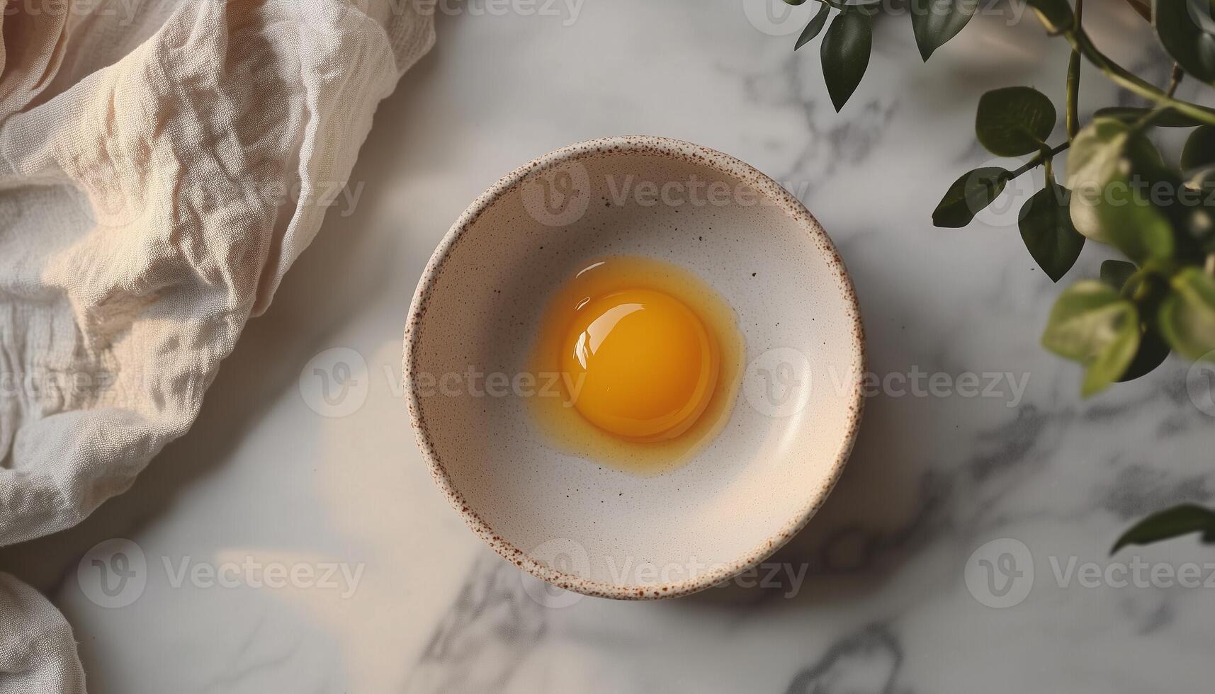 Eggs cracked into a white plate with rounded yolk and albumen un cook ceramic kitchen table photo
