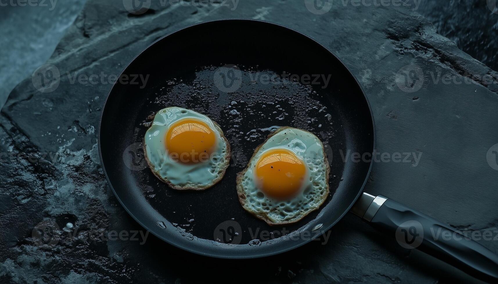 Two fried egg black frying pan with palm oil for breakfast photo