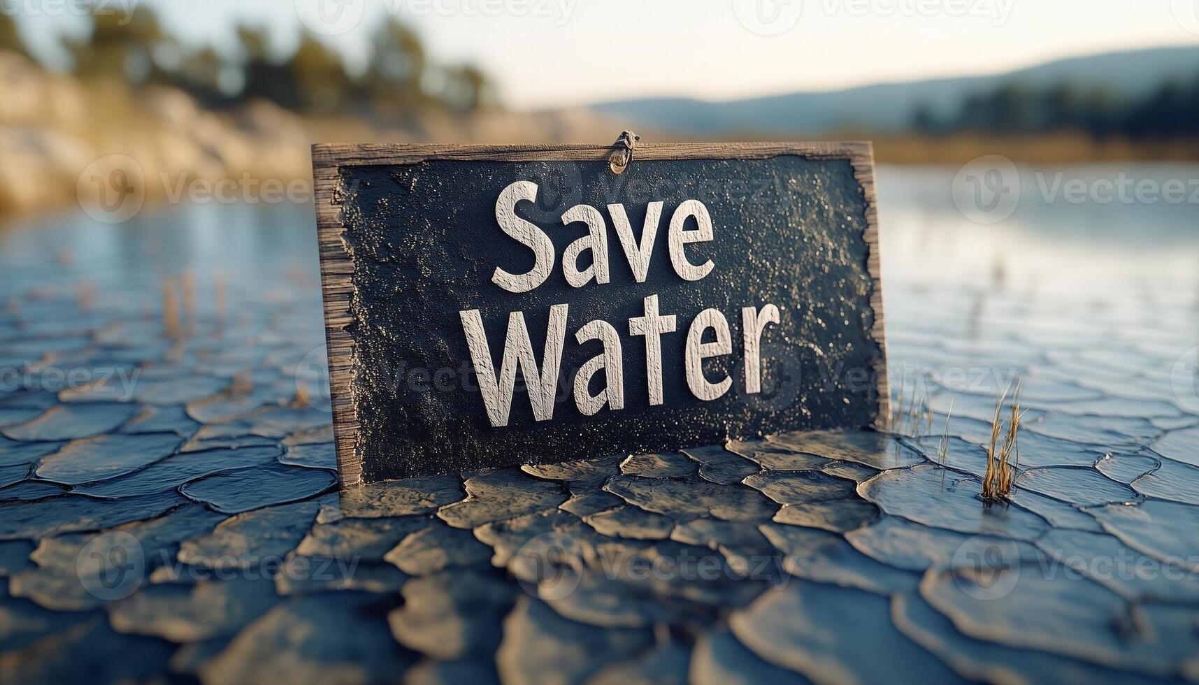 Water on lake crisis field area problem and motivation text board for protection photo