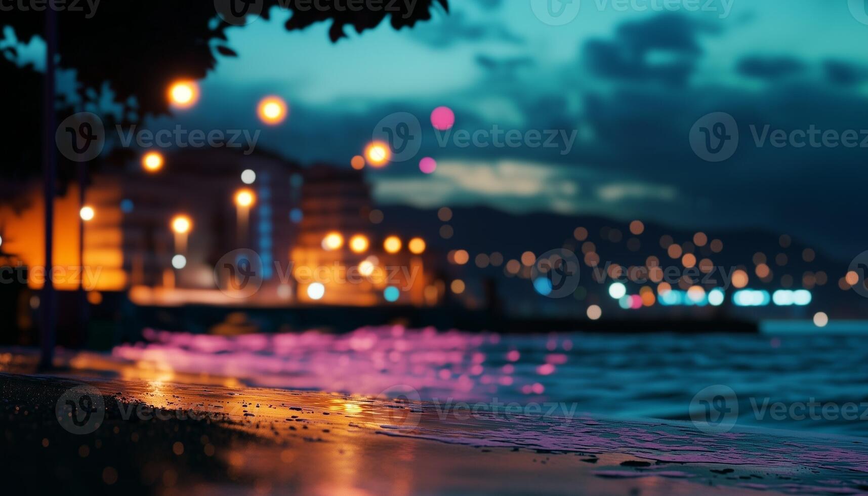 Twilight and beach blurred light on horizon sunset or sunrise with resort shadow photo