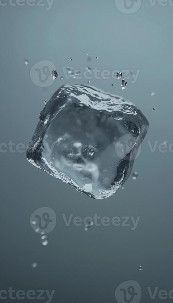 Ice cube with bubble splashing floating on water at story vertical background photo