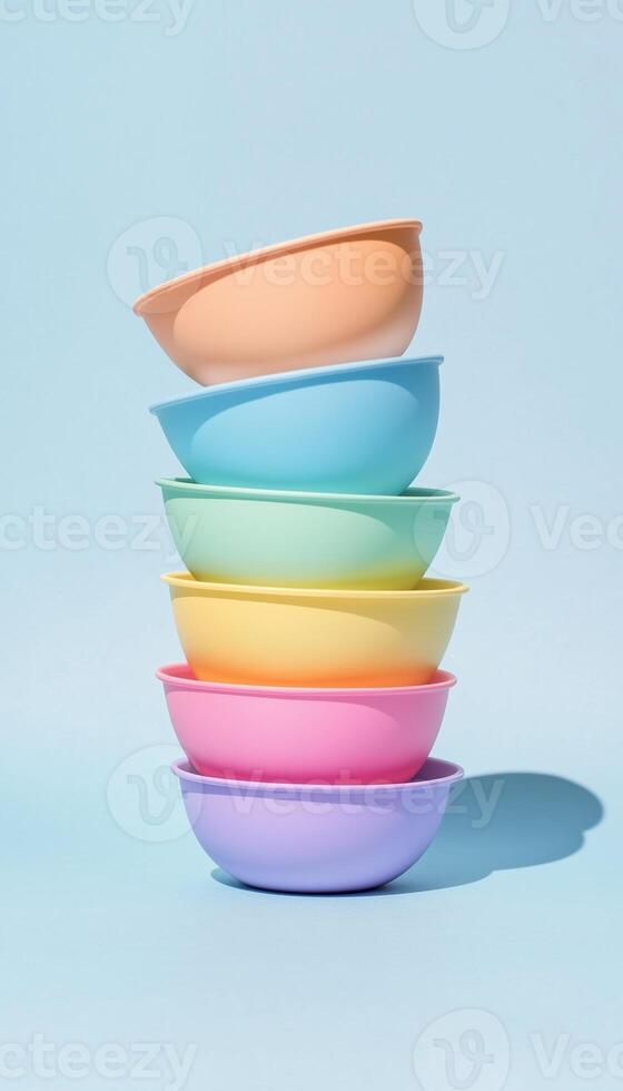 A stack of colorful ceramic bowl food kitchen equipment on vertical blue background photo