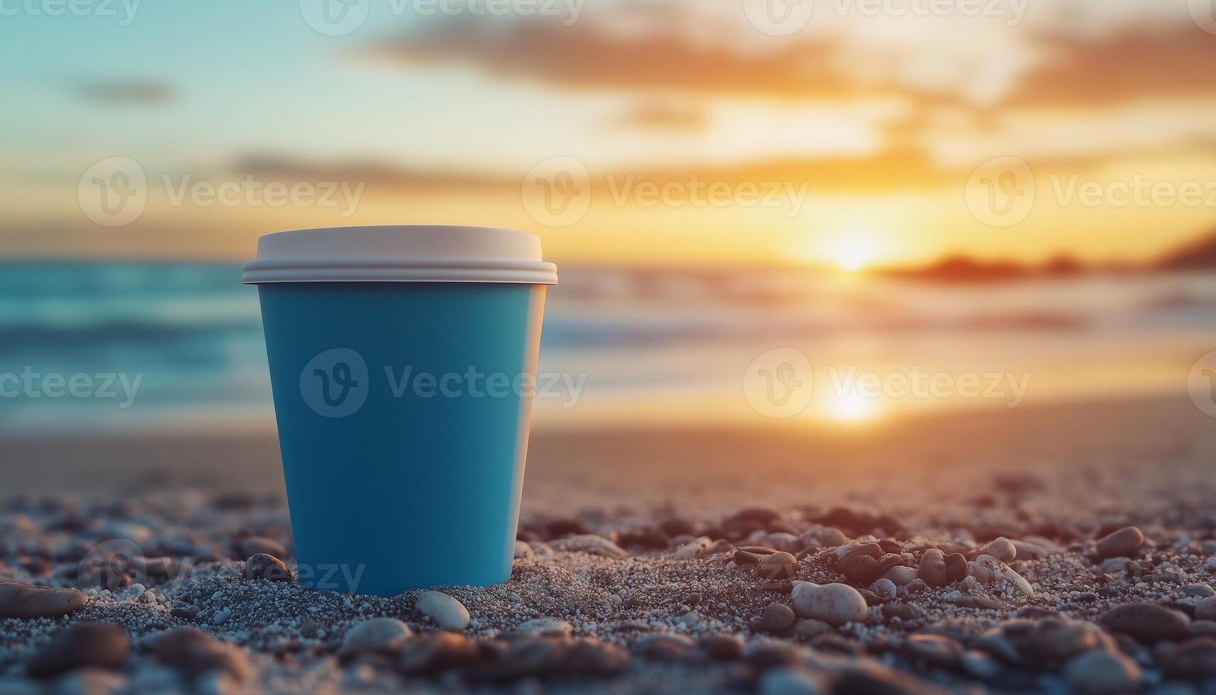 Coffee paper cup mockup blue matte color on beach with sunset sky and shell decoration photo
