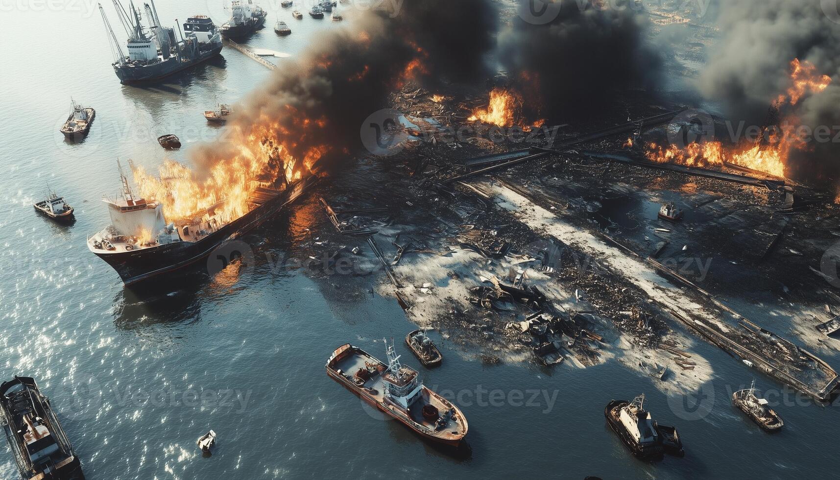 Harbor nature disaster impact with fire and smoke for transportation photo