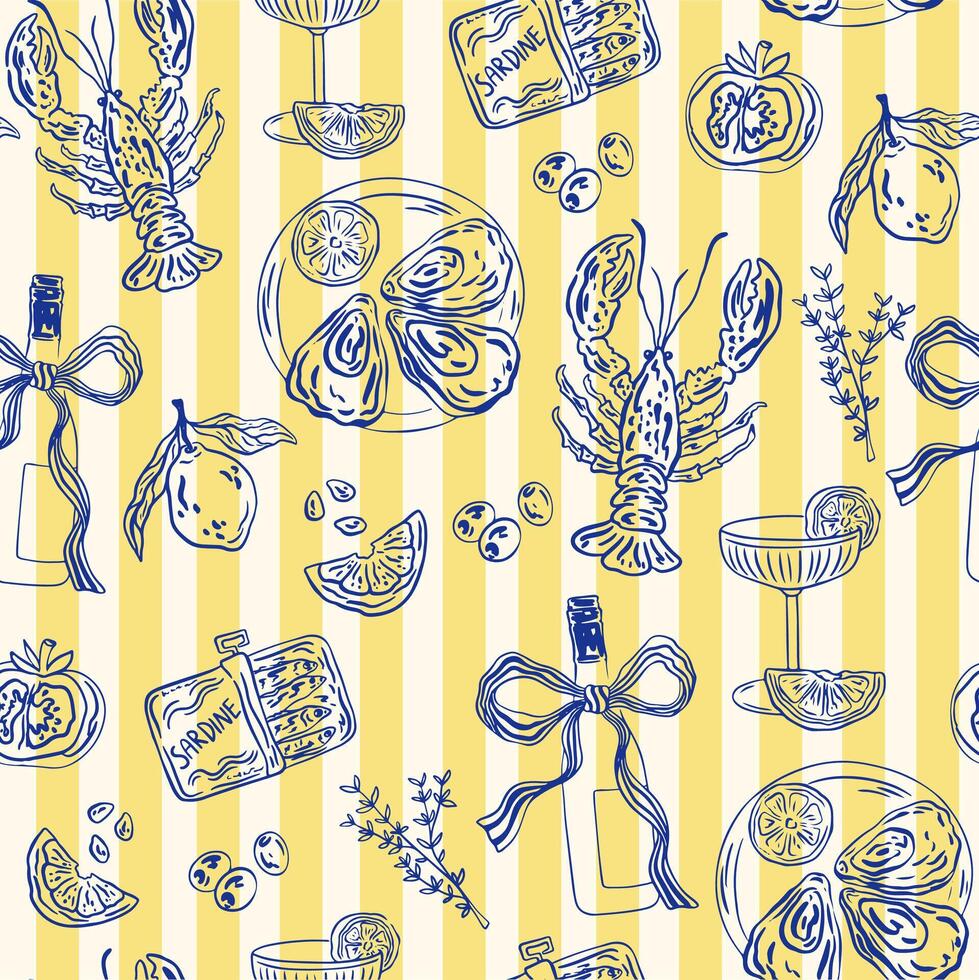 Hand drawn Mediterranean cuisine seamless pattern. Italy la dolce vita coast food coastal print, wrap paper, retro fabric, textile design. Doodle sketch crayon drawing style illustration., vector
