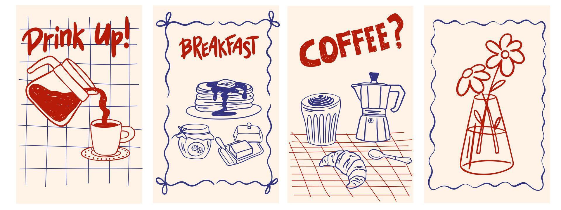 Hand drawn breakfast la dolce vita posters. illustration of food and coffee icons in chalk, crayon drawing style for invitations, menus, parties. Minimalist line art for poster, placard, print vector