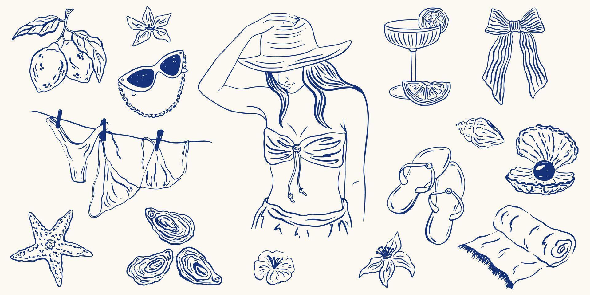 Hand drawn Italian summer vacation illustration set. Palm tree, lemon, cocktails and seashells in doodle sketch style. Sea weekend or rest collection for invitations to beach party,. wedding, picnic. vector