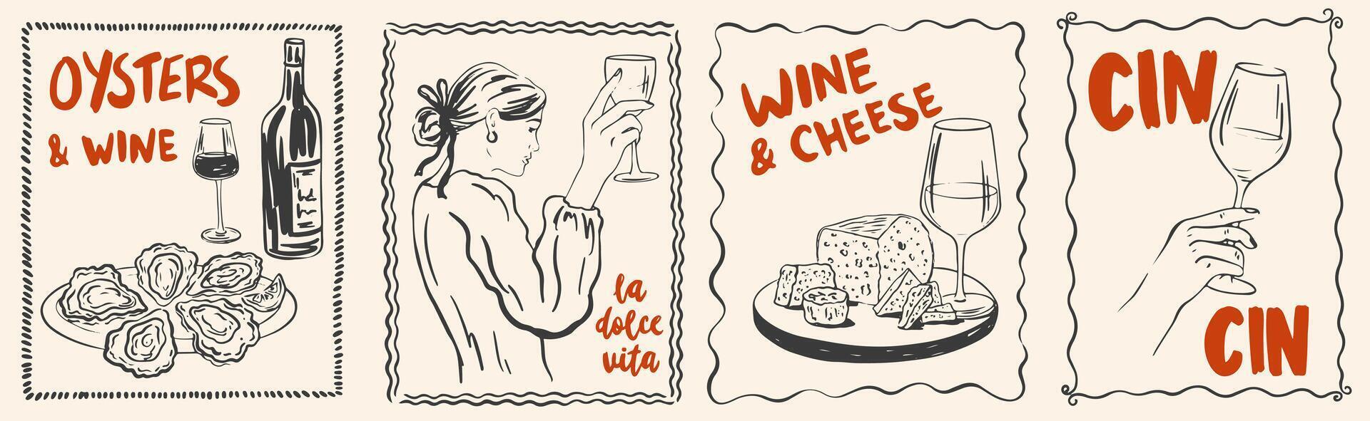 Hand draw La Dolce vita lifestyle illustrations. Picnic in french or italian style with wine, cheese, oyster, woman. Chalk charcoal style drawing for poster, placard or print, vector