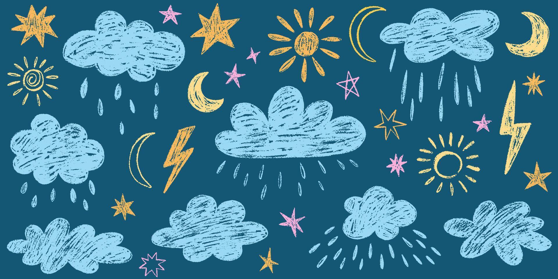 Crayon drawn kids clouds stars and cute moon set. Hand drawn various cloud shapes. Childish doodle naive icons pastel texture. Naive style childish elements isolated on blue background vector
