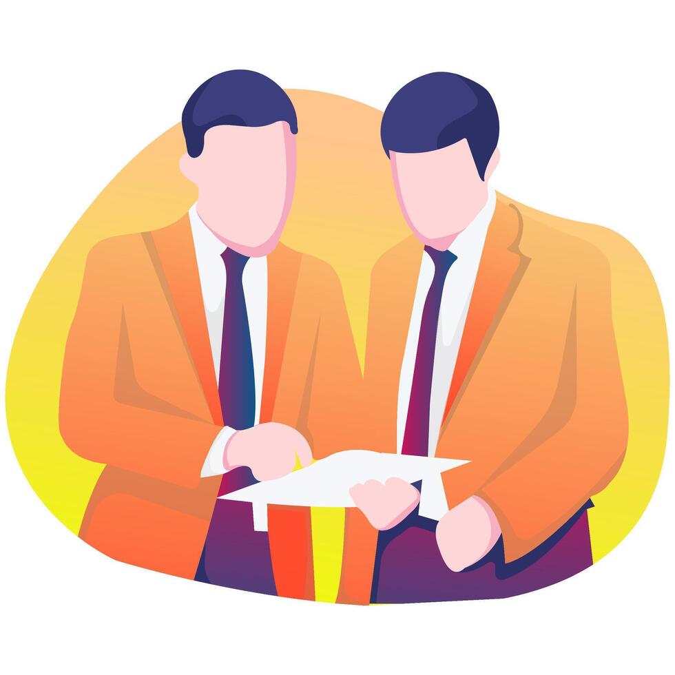 Flat Illustration of Two Male Office Workers Discussing Business Document vector