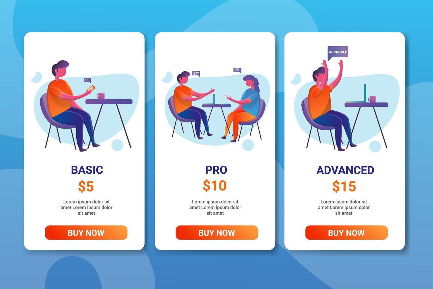 Colorful Pricing Table UI with Subscription Plans for Basic, Pro, and Advanced Options vector