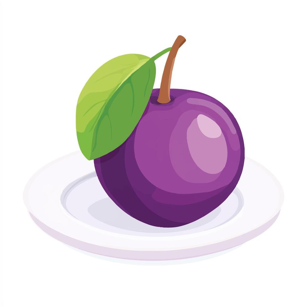 A purple plum on a plate with a leaf vector