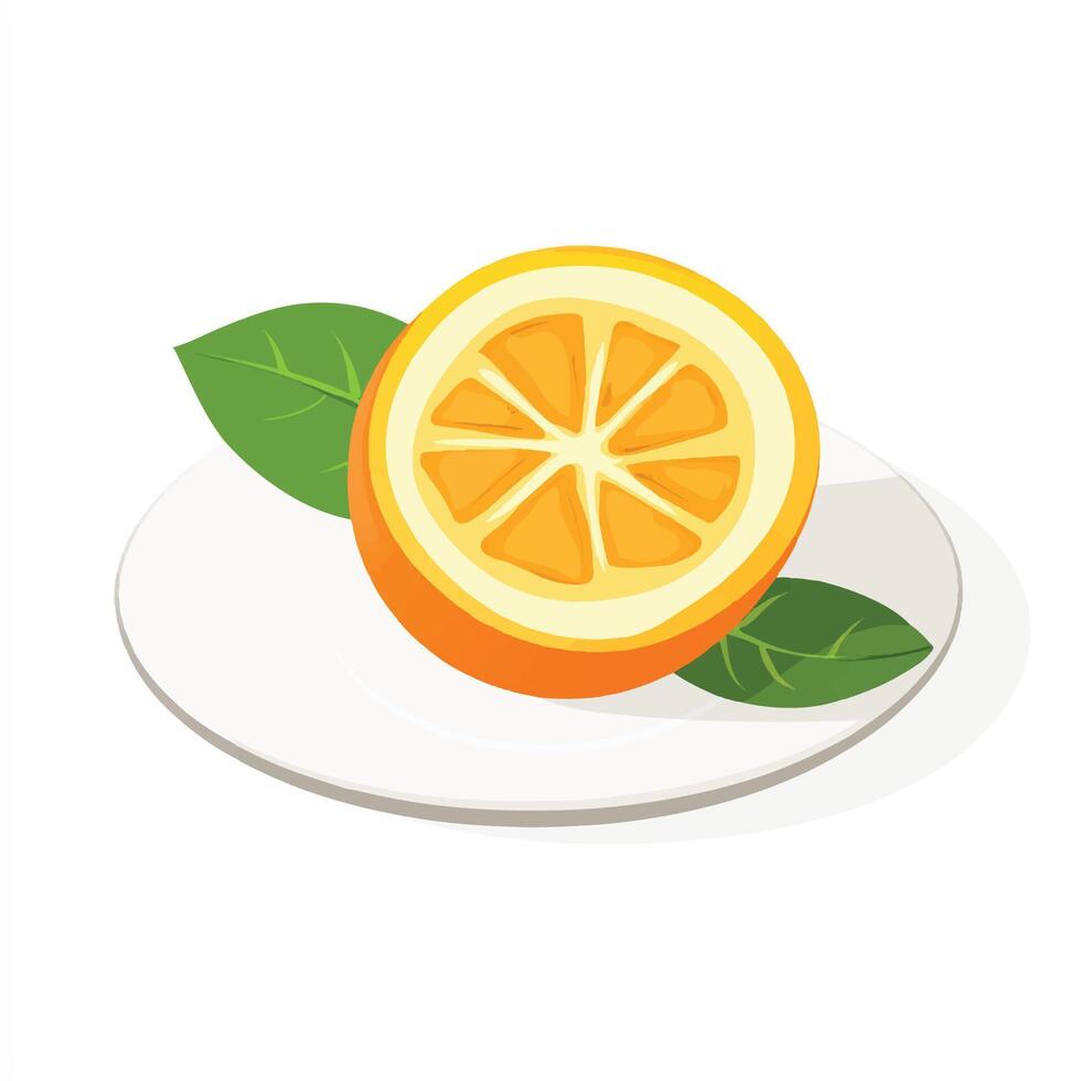 Orange slice on plate with leaf illustration vector