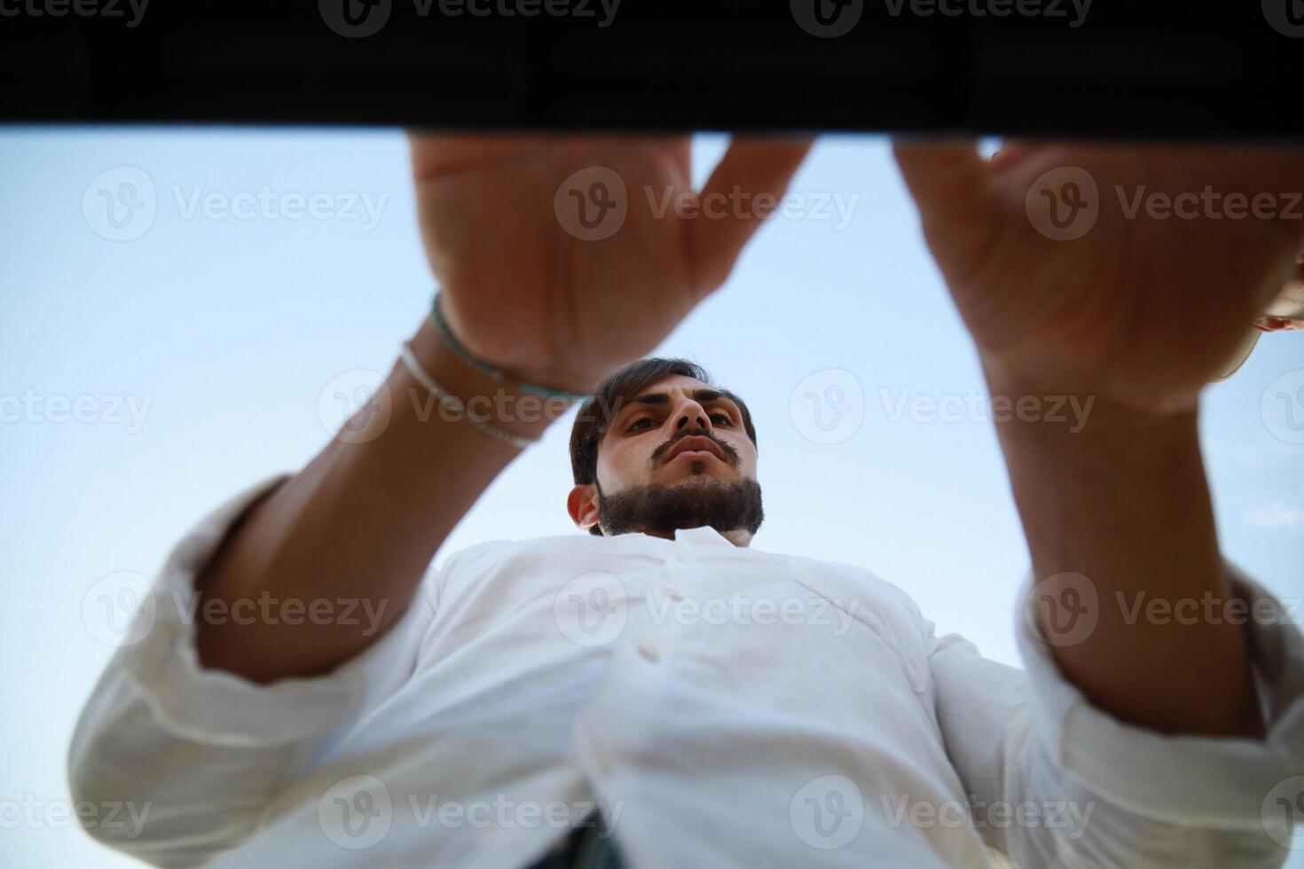 Professional Pianist Hands Play Electronic Keyboard In Nature Outdoor photo